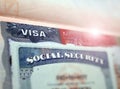 The American visa in a passport page USA background and sacial security nember personal document. SSN Ã¢â¬â social security number f